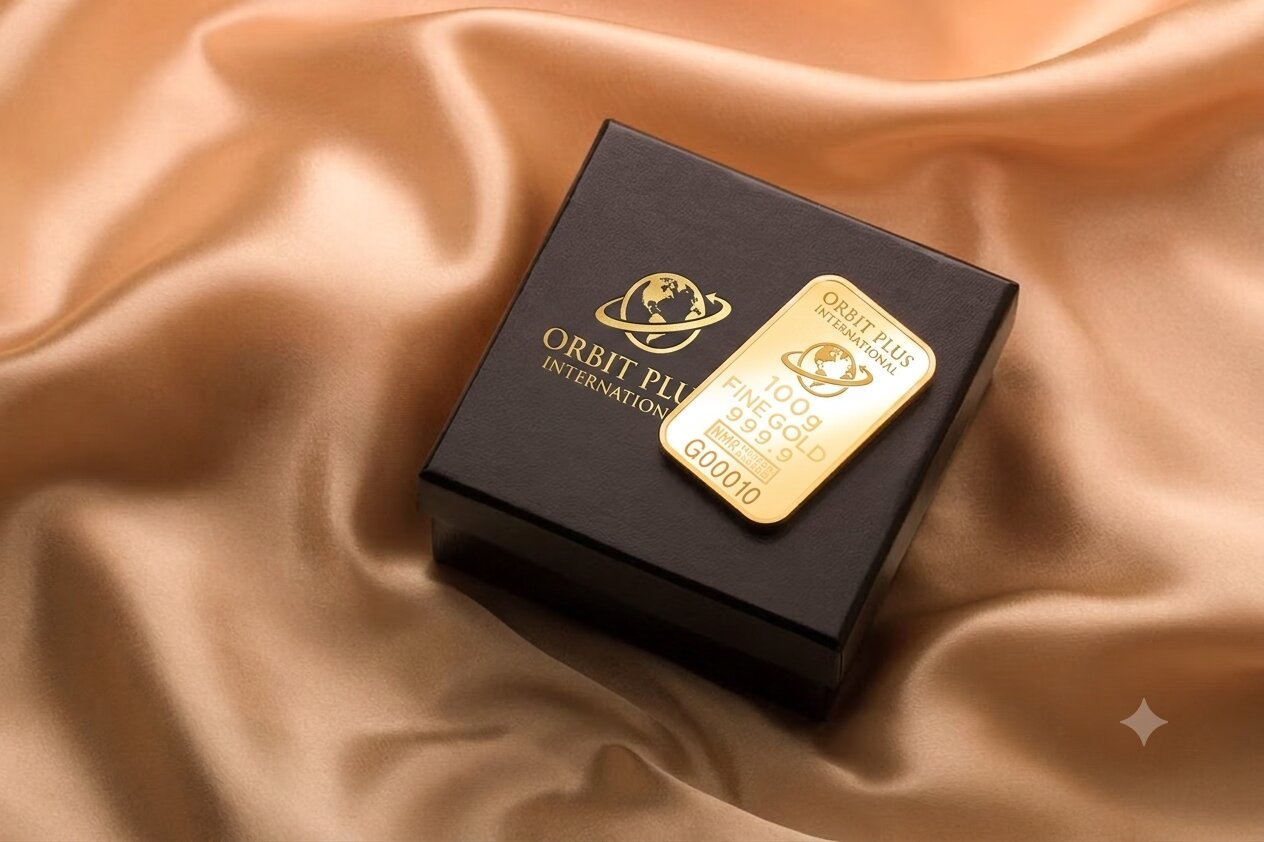 A fine gold bar resting on a dark presentation box